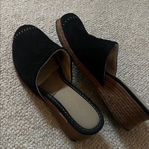 UGG Black Suede Open-Toe Espadrille Wedge Mules